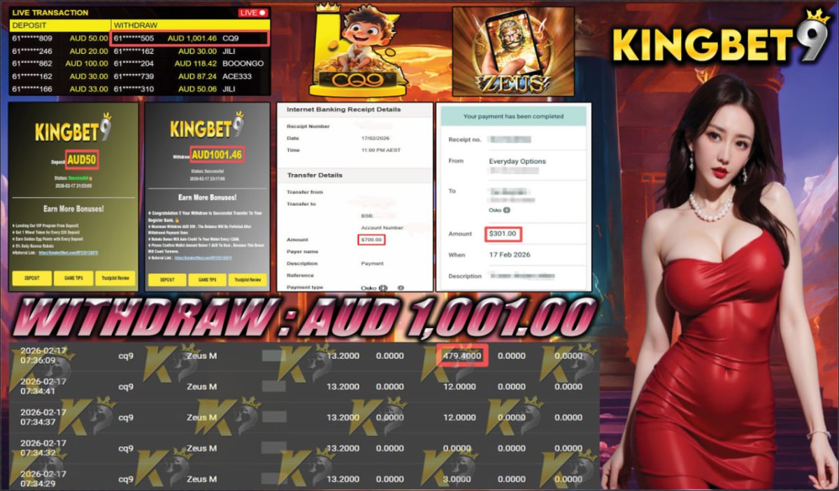 👑𝑪𝒐𝒏𝒈𝒓𝒂𝒕𝒖𝒍𝒂𝒕𝒊𝒐𝒏𝒔 𝑪𝒖𝒔𝒕𝒐𝒎𝒆𝒓 𝑾𝒊𝒕𝒉𝒅𝒓𝒂𝒘👑

⚡️Deposit -  AUD 50.00
☄️Withdraw Amount  - AUD 1,001.00
🔝Platform -  CQ9
🚨Game -  ZEUS 

ʟɪᴠᴇ ᴄʜᴀᴛ :KINGBET9.net/#chatroom👑Registerlink:kingbet9aus.com/RFK9TWITT