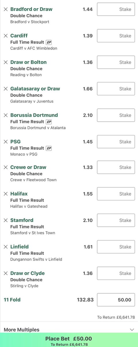 hunter_bookie's tweet image. 11 teams.
One ticket.

£50 ➝ £6.6K
Drop a 🚀 if you’re in.

#TuesdayBet #ACCA #BigOdds #BettingCommunity