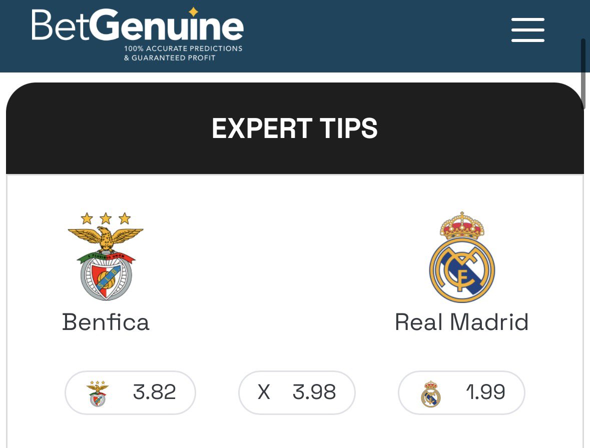 Benfica vs Real Madrid. One person who predict the correct score will win 100k.