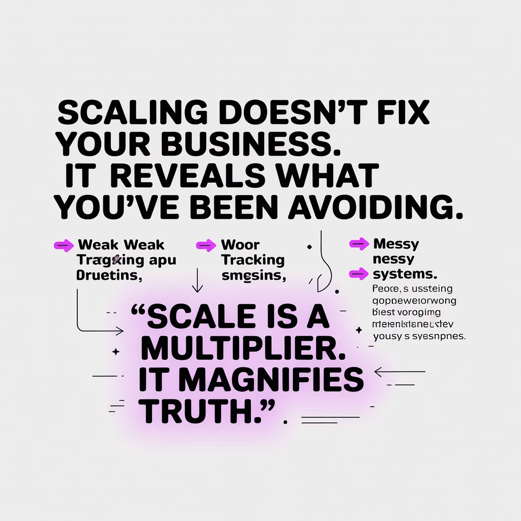 Scaling doesn’t fix your business. It reveals what you’ve been avoiding

- Weak targeting becomes expensive.  
- Poor tracking becomes fake growth.  
- Messy offers become amplified confusion.  
- Loose systems become daily chaos.  
- Hope-based decision become measurable losses