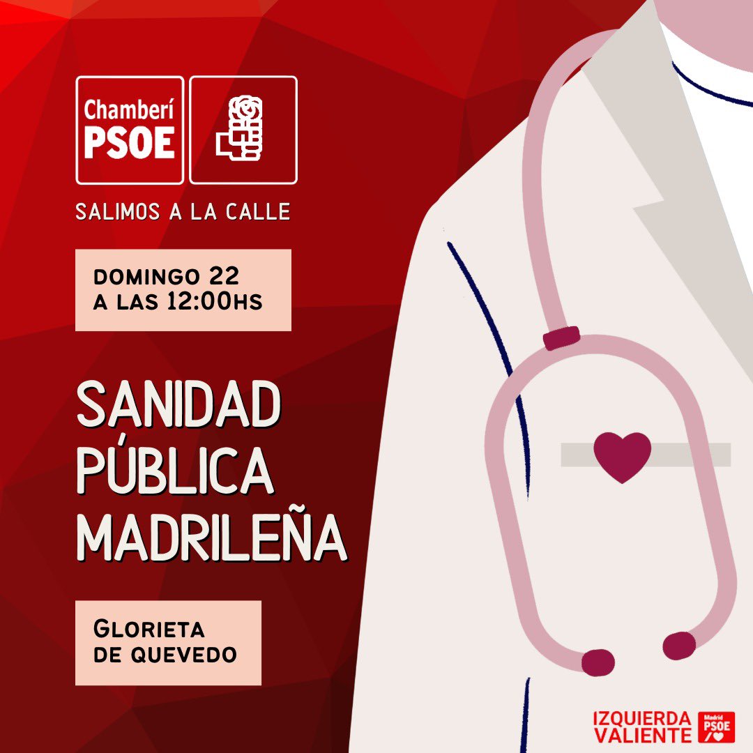 psoechamberi's tweet photo. 🩺 Sanidad pública y de calidad, con una Atención Primaria digna, sin listas de espera y con las condiciones laborales que merecen nuestros sanitarios. ¡Eso defendemos!

👉 Este domingo a las 12:00h estaremos en Quevedo en un reparto sobre nuestras propuestas en sanidad. ¡Ven! https://t.co/YsLvAg60aA