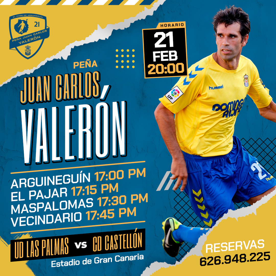 🏆 <a href="/LaLiga2/">LALIGA HYPERMOTION</a> - 27ª Jornada
📅 SAB 21/02/2026
🕒 20:00 h.
🏟️ Estadio de Gran Canaria
🆚 <a href="/UDLP_Oficial/">UD Las Palmas</a> vs <a href="/CDCastellon/">CD Castellón</a> 

🚍 Guagua Peña Juan Carlos Valerón

#JuanCarlosValerón #ElMagodeArguineguín 🎩⚽️2⃣1⃣💛💙
