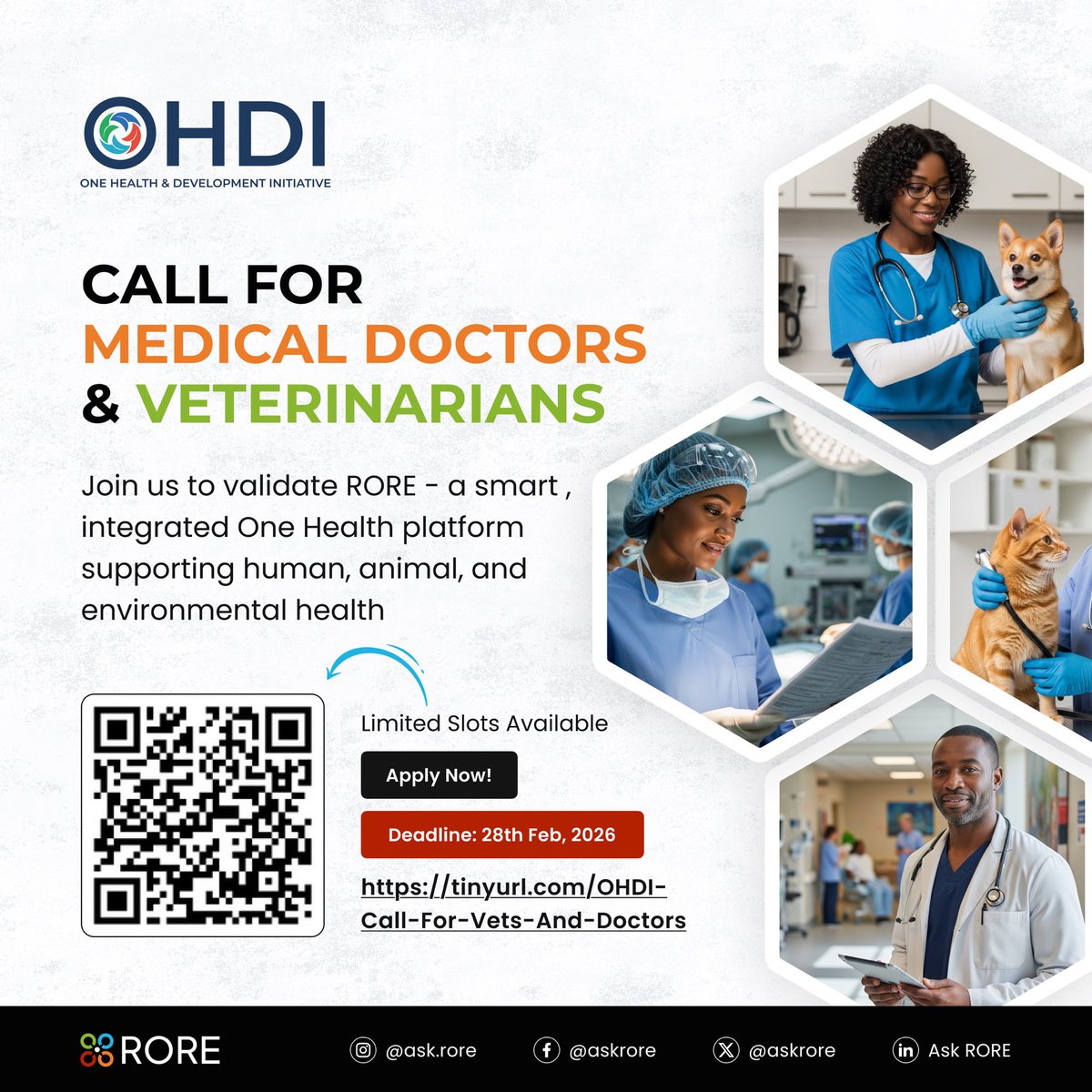 onehealthdev's tweet photo. Medical doctors and veterinarians are invited to validate RORE, a smart One Health digital tool supporting human, animal, and environmental health. Apply by 28 Feb 2026:
🔗 https://t.co/fBZhr2hYHH
#RORE #OHDI #OneHealth https://t.co/pai67JeX0l