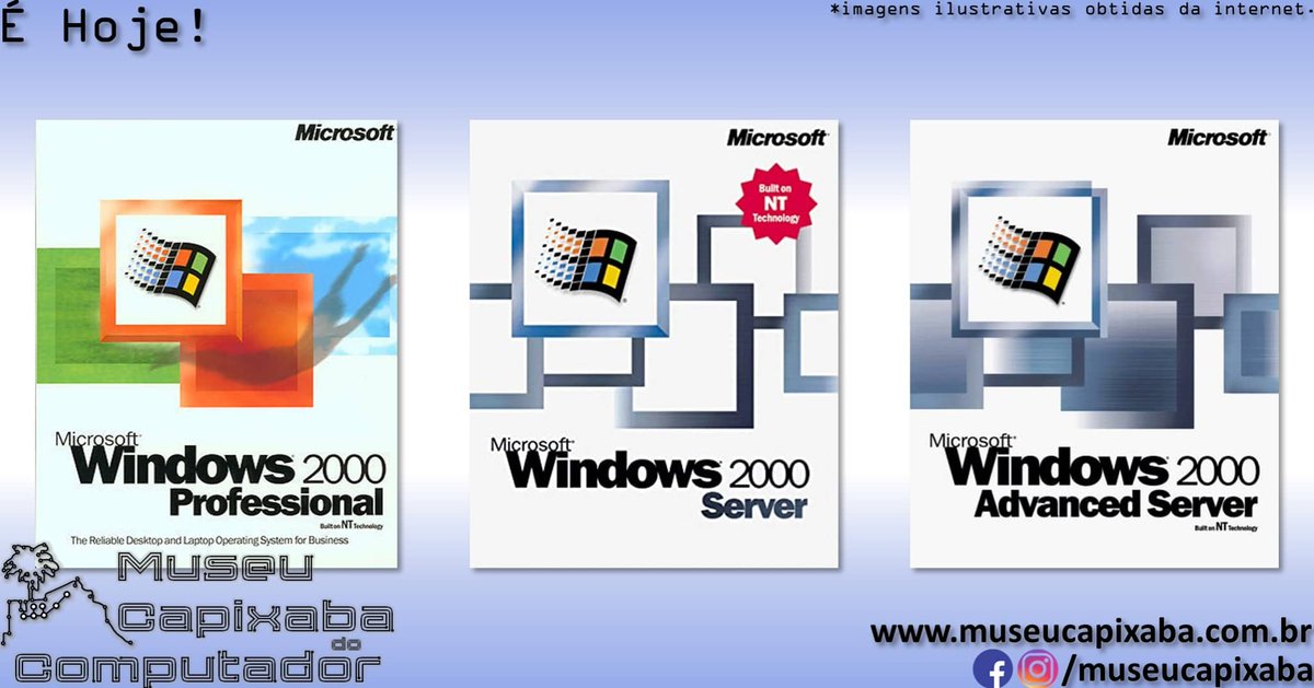 museucapixaba's tweet photo. É hoje! O sistema operacional Microsoft Windows 2000 de 2000.

+em https://t.co/7mTDW9w9iQ

#MuseuCapixaba #mcc #éhoje #museu #OnThisDay #tecnologia #Microsoft #Windows #Windows2000 #ActiveDirectory #DFS #LDAP #MMC #DECAlpha #PowerPC #Windows98 #WindowsME #WindowsNT #WindowsXP https://t.co/fAYFwhPEhE