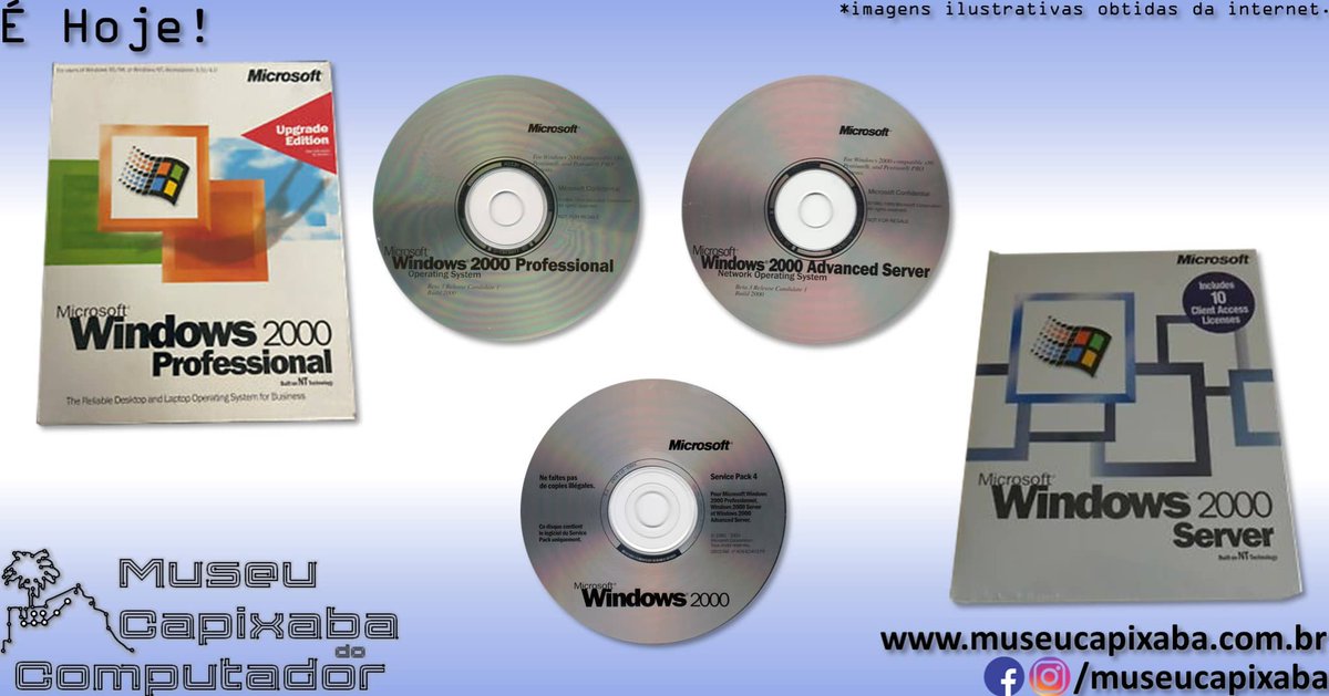museucapixaba's tweet photo. É hoje! O sistema operacional Microsoft Windows 2000 de 2000.

+em https://t.co/7mTDW9w9iQ

#MuseuCapixaba #mcc #éhoje #museu #OnThisDay #tecnologia #Microsoft #Windows #Windows2000 #ActiveDirectory #DFS #LDAP #MMC #DECAlpha #PowerPC #Windows98 #WindowsME #WindowsNT #WindowsXP https://t.co/fAYFwhPEhE
