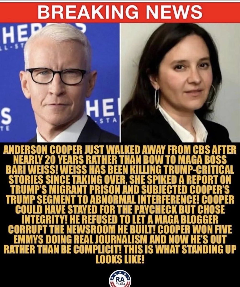 AnnieForTruth's tweet photo. Good for standing up, Anderson Cooper! He will exit CBS News “60 Minutes” after nearly 20 years of contributing to the program. The new editor-in-chief, Bari Weiss, is a MAGA who kills stories that are critical of the orange wannabe dictator. 😡 https://t.co/15SPIPiAtt