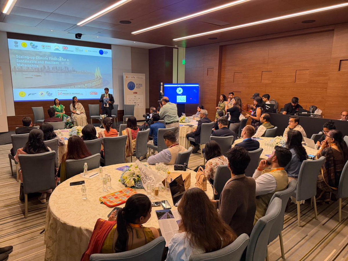 Pankajamunde's tweet photo. A panel discussion on the theme “Scaling up Climate Finance for a Sustainable and Resilient Maharashtra” was organised at the Jio World Convention Centre as part of Mumbai Climate Week. The Hon’ble Minister for Environment and Climate Change, Government of Maharashtra, attended the session.
While speaking on the occasion, she emphasized that environmental and climate change issues should be viewed not only as policy priorities but also as a moral responsibility. She expressed confidence that youth awareness is the true strength of climate action and that understanding our responsibility is key to securing our future.
She further stated that environmental education needs greater emphasis at the school level and should be introduced as an independent subject for the next generation, similar to civics. She stressed that planned and responsible decision-making is essential to reduce environmental damage and highlighted the need for greater vigilance to ensure that the burden of future crises does not fall on the coming generations.
Among those present were MITRA's Chief Executive Officer Pravin Pardeshi, Environment and Climate Change Department Secretary Jayshree Bhoj, WRI India Chief Executive Officer Madhav Pai, WRI India Associate Program Director Saransh Bajpai, and CEEW Program Lead Dr. Pushpa Bajaj.

जिओ वर्ल्ड कन्व्हेन्शन सेंटर येथे मुंबई क्लायमेट वीक ,स्केलिंग अप क्लायमेट फायनान्स फॉर अ सस्टेनेबल ॲण्ड रेजिलिएंट महाराष्ट्र या विषयाचे चर्चासत्र आयोजित करण्यात आले होते. या चर्चा सत्रास राज्याची पर्यावरण व वातावरण बदल मंत्री म्हणून उपस्थित राहिले.
पर्यावरण आणि हवामान बदलाच्या प्रश्नांकडे केवळ धोरणात्मक नव्हे, तर नैतिक जबाबदारी म्हणून पाहिले पाहिजे. तरुणाईची जागरूकता हीच हवामान कृतीची खरी ताकद असून आपली जबाबदारी समजली तर भविष्यही समजते, असा विश्वास यावेळी बोलतांना व्यक्त केला.
तसेच,पर्यावरण शिक्षणाला शालेय पातळीवर अधिक महत्त्व देण्याची गरज असून नागरीक शास्त्राप्रमाणेच पर्यावरण हा स्वतंत्र विषय म्हणून पुढील पिढीपर्यंत पोहोचवला पाहिजे. पर्यावरणीय हानी कमी करण्यासाठी नियोजनपूर्वक आणि जबाबदारीने निर्णय घेणे आवश्यक आहे. भविष्यातील संकटांचा भार पुढील पिढीवर पडू नये, यासाठी अधिक सजगतेची गरज असल्याची ग्वाही यावेळी बोलतांना दिली.
मित्राचे मुख्य कार्यकारी अधिकारी प्रवीण परदेशी, पर्यावरण विभागाच्या सचिव जयश्री भोज, WRI इंडिया चे मुख्य कार्यकारी अधिकारी माधव पै, WRI इंडियाचे असोसिएट प्रोग्राम डायरेक्टर सारांश बाजपेयी, CEEW प्रोग्राम लीड डॉ. पुष्प बजाज आदीजण याप्रसंगी उपस्थित होते.

​#MumbaiClimateWeek #Sustainability #GreenIndia #Innovation #ClimateAction  #FutureIsGreen #BeatTheHeat
