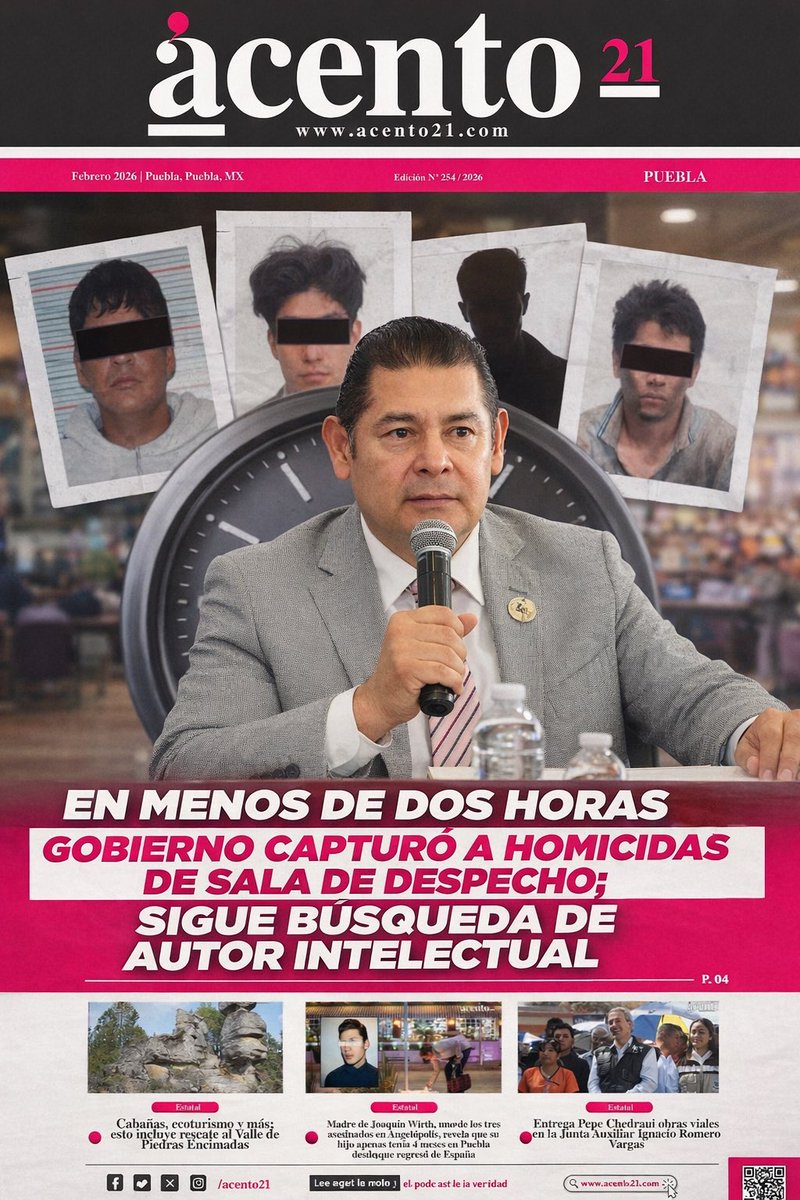 PORTADA 17 DE FEBRERO 📰

En menos de dos horas, Gobierno capturó a homicidas de Sala de Despecho; sigue búsqueda de autor intelectual: <a href="/armentapuebla_/">Alejandro Armenta</a> 🚔⚖️
🔗 acento21.com/gobierno/con-e…

Cabañas, ecoturismo y más; esto incluye rescate al Valle de Piedras Encimadas 🌲🏕️ 
🔗