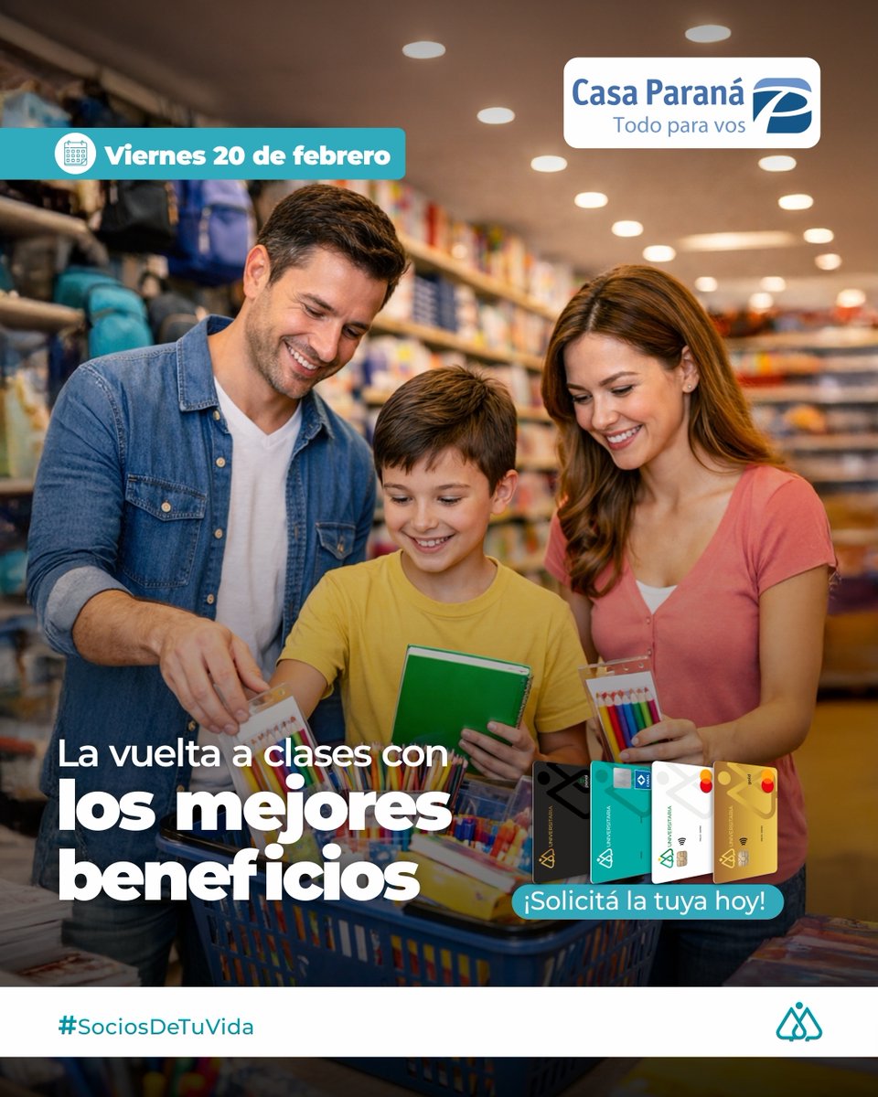 PyUniversitaria's tweet photo. En Universitaria, te acompañamos en la vuelta a clases.

Este viernes 20 de febrero, disfrutá 30% de descuento en Casa Paraná pagando con tus tarjetas de Crédito Universitaria 💳.

Ahorrá con sentido y disfrutá lo que realmente importa.

Universitaria. Socios de tu Vida. 🤝 https://t.co/qeaLUES3eg