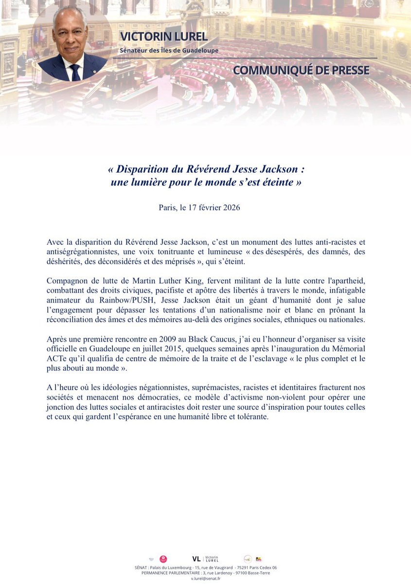 CP : « Disparition du Révérend #JesseJackson : une lumière pour le monde s'est éteinte »