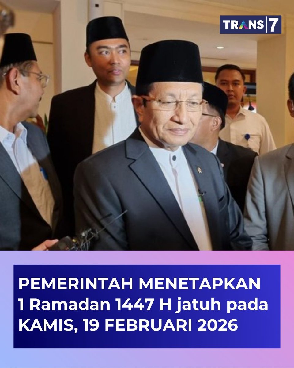 TRANS7's tweet photo. 𝗠𝗮𝗿𝗵𝗮𝗯𝗮𝗻 𝘆𝗮 𝗥𝗮𝗺𝗮𝗱𝗮𝗻🌙

Pemerintah telah menetapkan 1 Ramadan 1447 Hijriah/ 2026 Masehi jatuh pada hari Kamis, 19 Februari 2026. Penetapan ini didasarkan pada keputusan Sidang Isbat (Penetapan) Awal Ramadan 1446 H yang dipimpin Menteri Agama Nasaruddin Umar, di Kantor Kementerian Agama (Kemenag).

#diTRANS7aja
