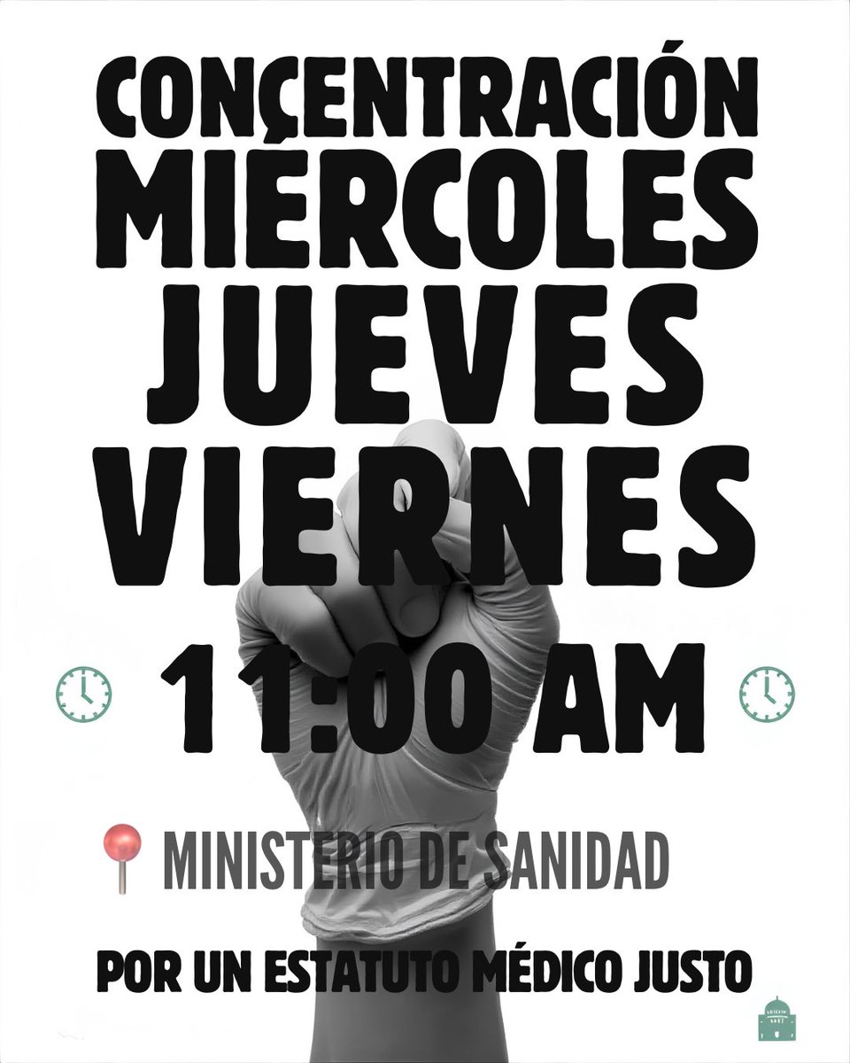 Miércoles, jueves y viernes en <a href="/sanidadgob/">Ministerio de Sanidad</a> a las 11.

Ante el desprecio de <a href="/Monica_Garcia_G/">Mónica García</a> demostremos que estamos unidos

<a href="/SheilajustoS/">sheilajusto</a> <a href="/victorpedrera/">Víctor Pedrera Carbonell</a> <a href="/DrMiguelLazaro/">Miguel Lázaro</a> #HuelgaMedica #EstatutoMedico <a href="/MUDmedicos/">MUD Médicos</a> <a href="/cesm_sindicatos/">CESM</a>