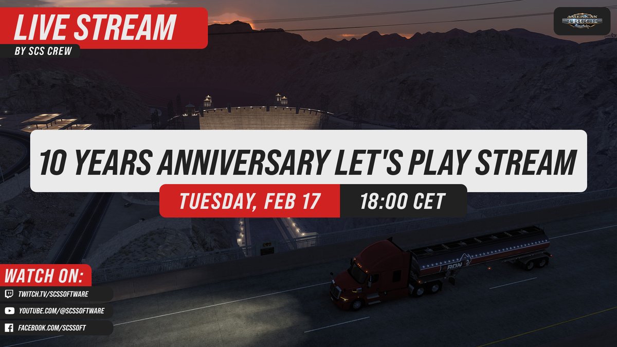 SCSsoftware's tweet photo. Celebrating #10YearsofATS 🇺🇸 🙌

Join us today from 6pm CET as we go trucking in American Truck Simulator with special guest Janek, Project Lead of the Route 66 Rework 🚛💨

Tune in at: 
🟣 https://t.co/Ef2PTjx6tH
🔴 https://t.co/5JwiQyXjjt
🔵 https://t.co/L5Jj2AGmpo https://t.co/p684NeMtbW