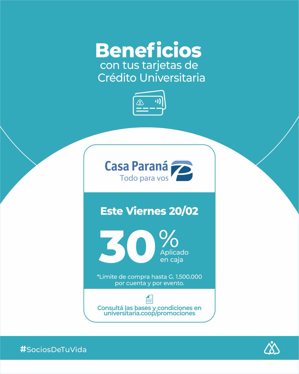 PyUniversitaria's tweet photo. En Universitaria, te acompañamos en la vuelta a clases.

Este viernes 20 de febrero, disfrutá 30% de descuento en Casa Paraná pagando con tus tarjetas de Crédito Universitaria 💳.

Ahorrá con sentido y disfrutá lo que realmente importa.

Universitaria. Socios de tu Vida. 🤝 https://t.co/qeaLUES3eg
