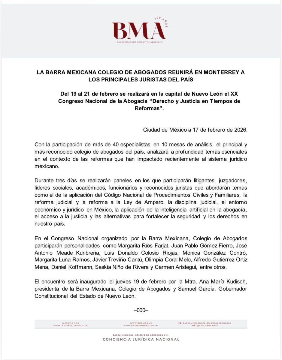 LA BARRA MEXICANA COLEGIO DE ABOGADOS REUNIRÁ EN MONTERREY A LOS PRINCIPALES JURISTAS DEL PAÍS

Del 19 al 21 de febrero se realizará en la capital de Nuevo León el XX
Congreso Nacional de la Abogacía "Derecho y Justicia en Tiempos de
Reformas".