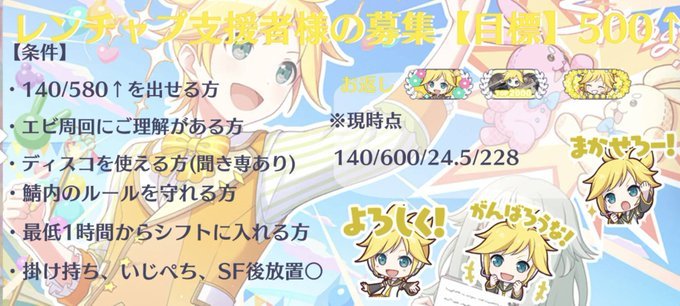 イベントお疲れ様でした！
第3回WLイベントレンチャプターをtop500以上目指して走るので支援者様を募集します！
並走者として走れない時間の穴埋めのために鯖を使いますがシフトは自鯖優先で組むのでお力添えいただける方はDMかリプをよろしくお願いします🙇
#プロセカ募集
#プロセカお手伝いさん募集