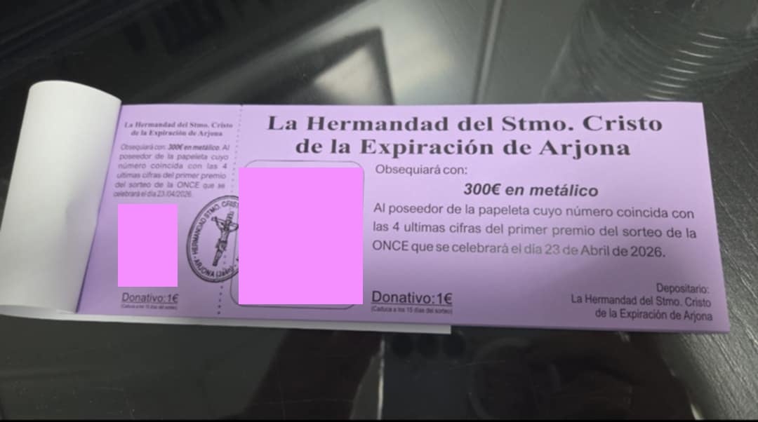🎉💜 ¡GRAN SORTEO DE 300€ EN METÁLICO! 💜🎉

Nuestra hermandad pone en marcha un sorteo de 300€ en efectivo.

📅 El número premiado será aquel que coincida con las 4 últimas cifras del primer premio del sorteo de la ONCE, que se celebrará el próximo 23 de abril de 2026.