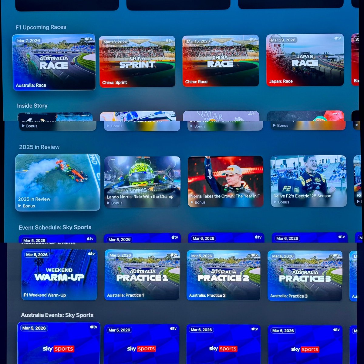 istrakhov's tweet photo. The #F1 section on @AppleTV is finally here! Looks like it will be @SkySportsF1 simulcasts for the main sessions. No word on whether extra shows and pre-/post- content — F1 Show, #TedsNotebook, etc — will also be shown, but 🤞🏻that we’ll get them.
#Formula1 #BahrainTesting https://t.co/czP2fy7iUM