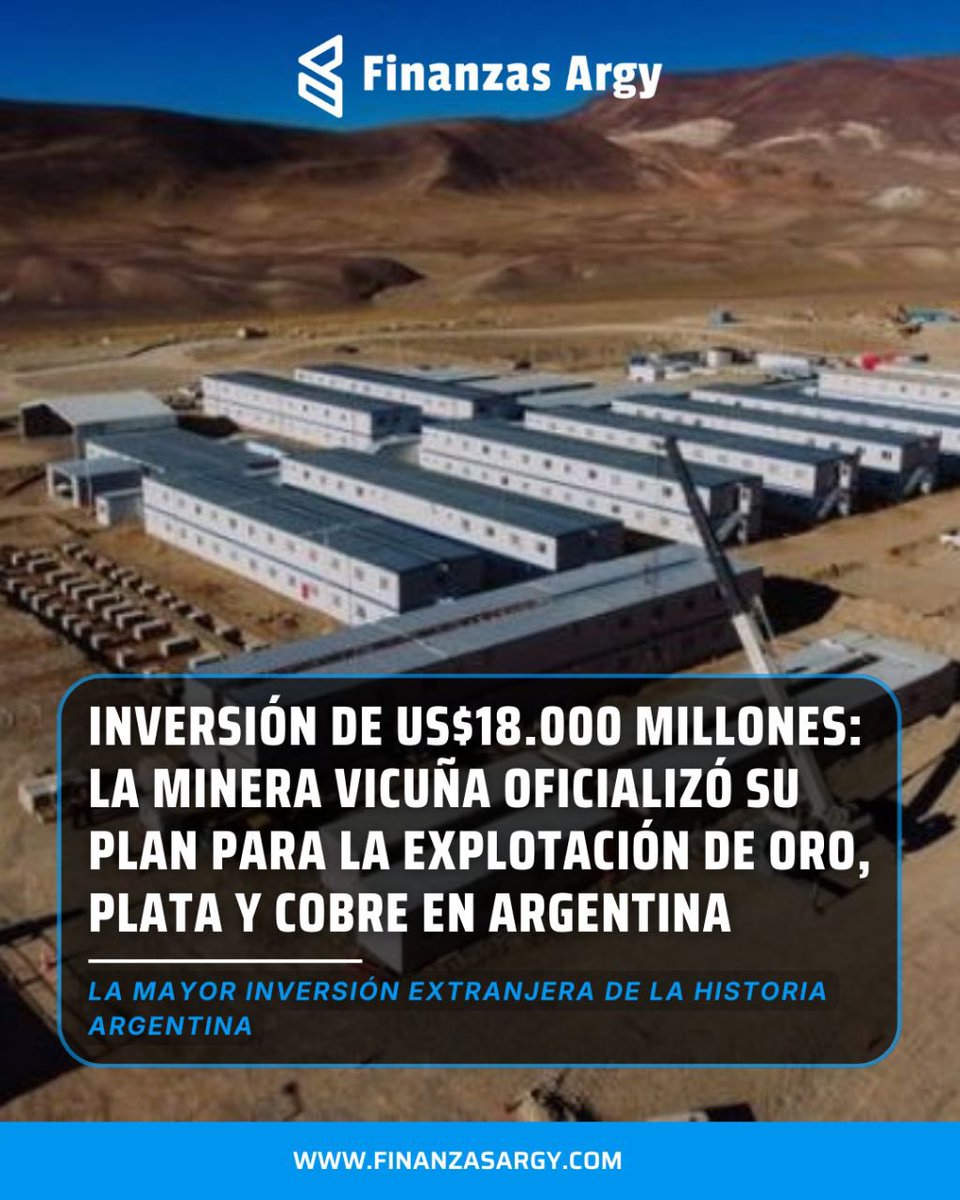 Argentina tendrá una de las cinco principales minas de cobre, oro y plata del mundo. 

Vicuña, una asociación entre Lundin Mining and BHP, anunció una inversión de US$ 18.000 millones en los próximos 9 años, la más grande en la historia de Argentina. 

La mina tendrá una vida