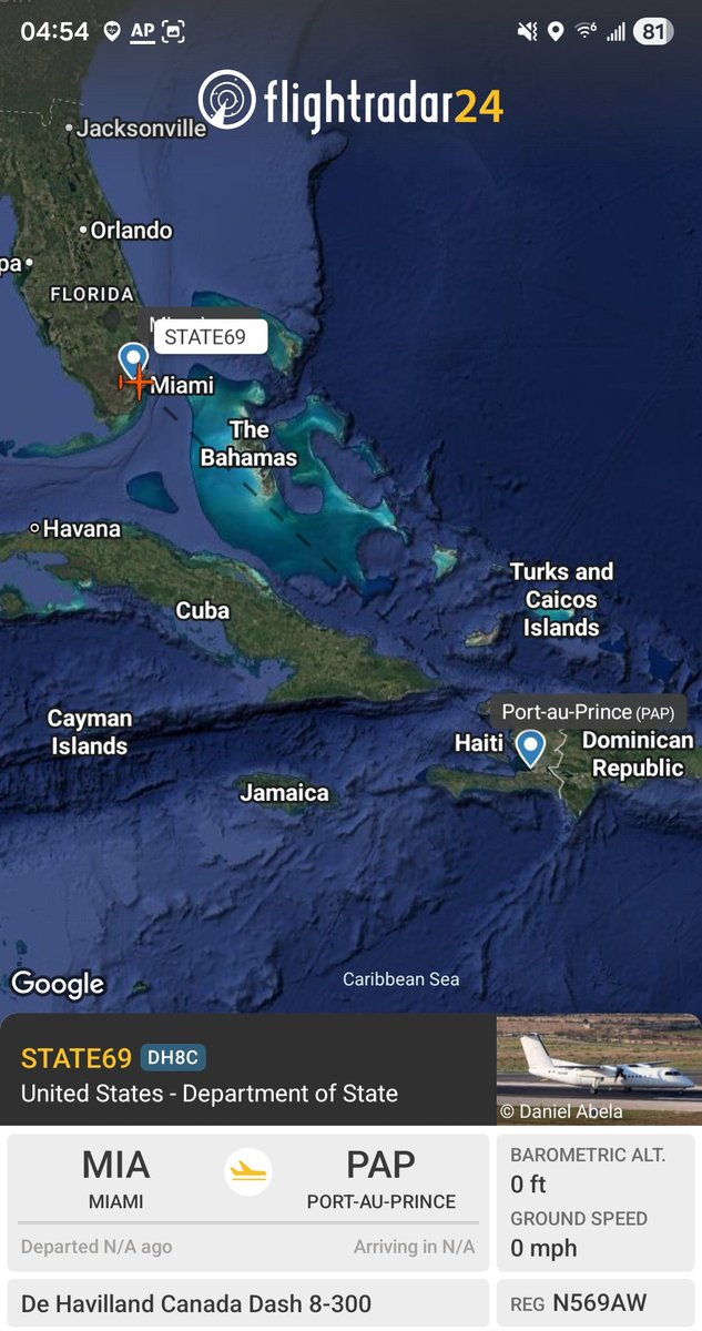 Borrowed7Time's tweet photo. US State Dept Dash 8-300 N569AW #A7486E as STATE69 en route from Miami to Port-au-Prince.
@sipjack1776 @LadyAstroJet https://t.co/vfmeeTRFHA