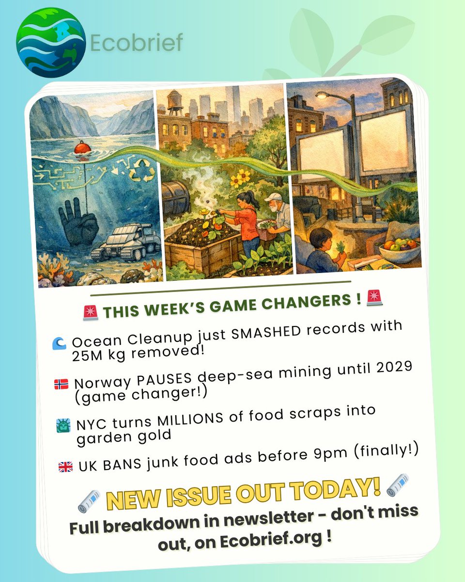 Ecobrief_'s tweet photo. 🚨 BREAKING: Ocean Cleanup removed 25M kg of plastic in 2025 (record!) + Norway pauses deep-sea mining until 2029 + NYC turns food scraps into compost gold
One teenager's vision → global ocean cleaning force. The progress is incredible 🌊

Full story on https://t.co/6eXNPAowVS ! https://t.co/gGf15tOVI1