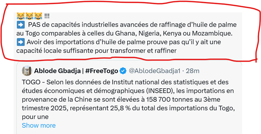 AblodeGbadja1's tweet photo. TOGO - Ces publications montrent bien pourquoi notre pays peine à atteindre le statut de nation développée. Les dirigeants, notamment @FEGnassingbe et ses ouailles, semblent partager la même vision : un manque d’innovation et d’ambition.
Pourtant, 62 % des terres togolaises restent inexploitées. Il serait plus judicieux de les valoriser afin de générer les ressources nécessaires et transformer notre dépendance en véritable opportunité de développement. Voilà l’approche qu’il faudrait adopter.
Nous ne pouvons pas rester les bras croisés en affirmant que le Togo ne dispose pas de capacités industrielles avancées, notamment dans le raffinage de l’huile. Si ces infrastructures n’existent pas, il faut les construire. Le développement ne passe pas par des voyages fréquents en jet privé ni par l’achat de voitures de luxe qui ne peuvent même pas être entretenues localement en cas de panne, mais par des investissements structurants et durables pour le pays.