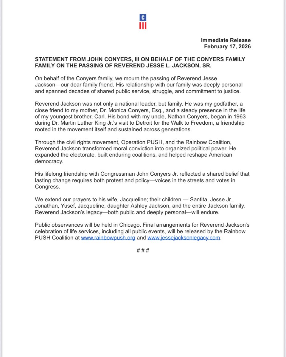 CONYERSTHREE's tweet photo. Statement on the Passing of @RevJJackson. https://t.co/ohlbF8rqm0
