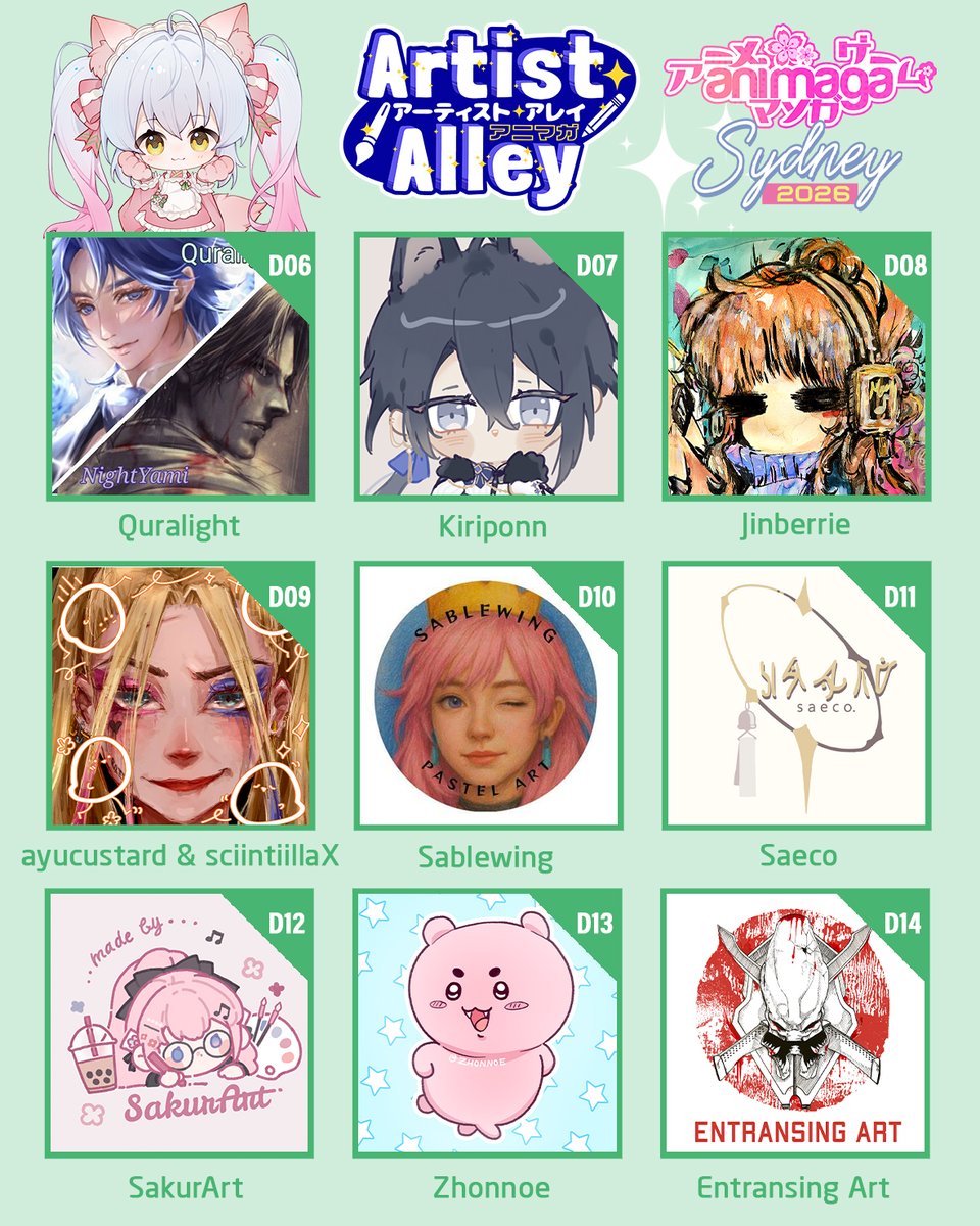 AnimagaExpo's tweet photo. The Animaga Sydney Artist Alley is bringing an unstoppable wave of creativity! 🎨

The passion and dedication arriving on the convention floor is absolutely spectacular. We are so proud to unveil the next incredible lineup of artists joining Block C and Block D.

Take a look at these extraordinary individuals:

C61 | Machi Mile | @machi_mile00 
C62 | crylica | @crylica 
C63 | Mooody Lemon 
C64 | Nori Teahouse 

D01 | Orenji World | @orenjikunArt 
D02 | Satoko | @Satoko77_kyy 
D03 | QAE0 | @QAE0 
D04 | Qeis room | @qeis_room 
D05 | maplebeann 
D06 | Quralight 
D07 | Kiriponn | @kiriponnn 
D08 | Jinberrie | @jinberrie 
D09 | ayucustard & sciintiillaX 
D10 | Sablewing 
D11 | Saeco 
D12 | SakurArt | @SakurArtist
D13 | Zhonnoe | @zhonnoe 
D14 | Entransing Art

Which of these brilliant artists will you be visiting first? Reply below and let us know your top picks!
#AnimagaSydney #ArtistAlley #AnimeArt