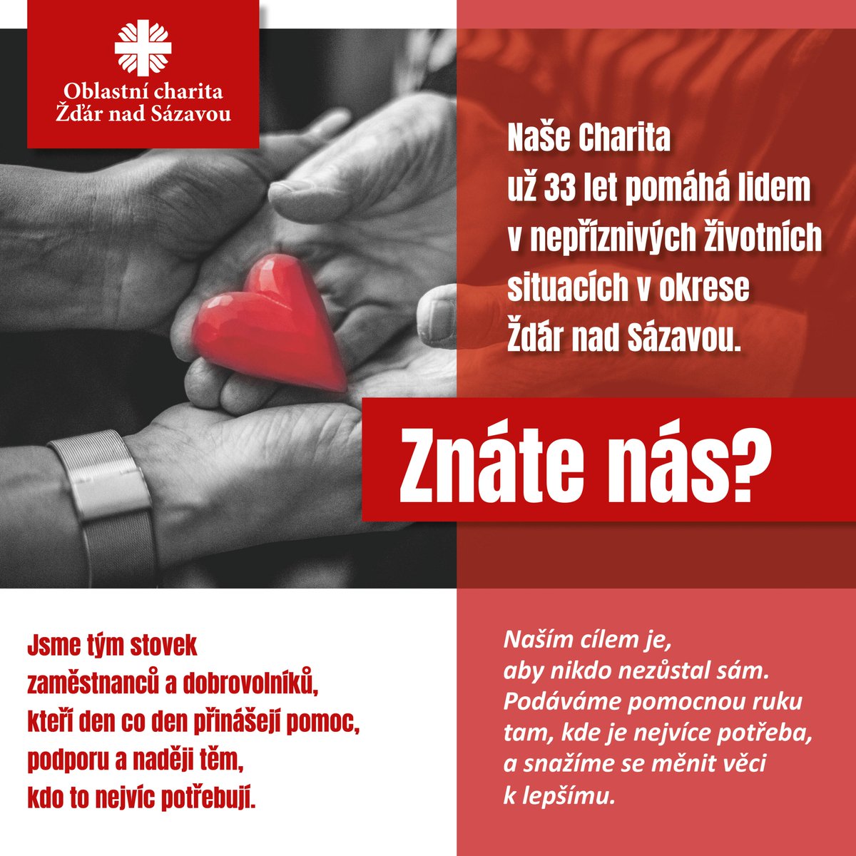 😍ZNÁTE NÁS?😍
Možná víte, že tu jsme. Ale víte, kdo jsme a jak pomáháme?
Spouštíme kampaň ZNÁTE NÁS?, která vás nechá nahlédnout pod pokličku naší Charity. Čekají vás, fotky a videa ze služeb, rozhovory i přehledné informace a kontakty pro ty, kteří naši pomoc potřebují.