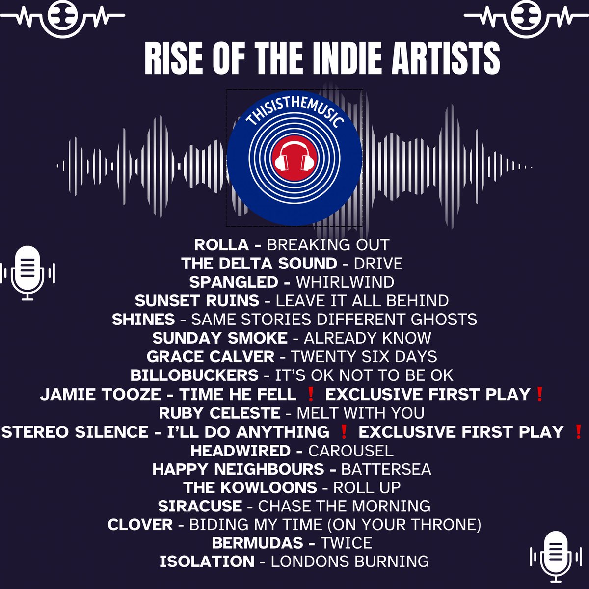 ThisIsTheMusic2's tweet image. Brand new show! 

@ROLLA2020 @thedeltasound @Spangledband @sunsetruins @Shinesband Sunday Smoke @GraceCalver_ @BILLOBUCKERS @JamieTooze20 @RubyCeleste__ Stereo Silence @Headwired2024 Happy Neighbours @thekowloons @siracusemusic Clover Bermudas Isolation

mixcloud.com/ThisIsTheMusic…