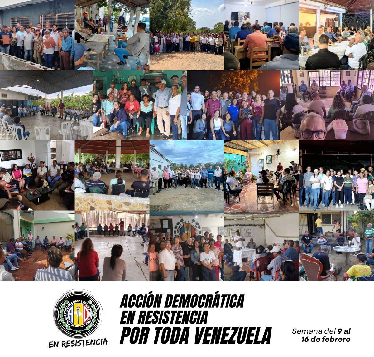 Siguiendo el cronograma de actividades para la semana del 9 al 16 de febrero, nuestros compañeros de partido realizaron productivos conversatorios en las parroquias de Venezuela.

Activados por la democracia y la libertad de nuestro país.