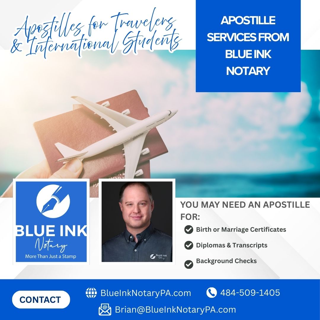 BlueInkNotaryPA's tweet photo. Applying for a ✈️travel visa? Studying abroad? 🚚Moving internationally?

You may need an apostille for:
• Birth certificates
• Marriage certificates
• Diplomas
• Background checks

Blue Ink Notary  handles the Pennsylvania apostille process for you from start to finish. https://t.co/Uie3eHBPHk