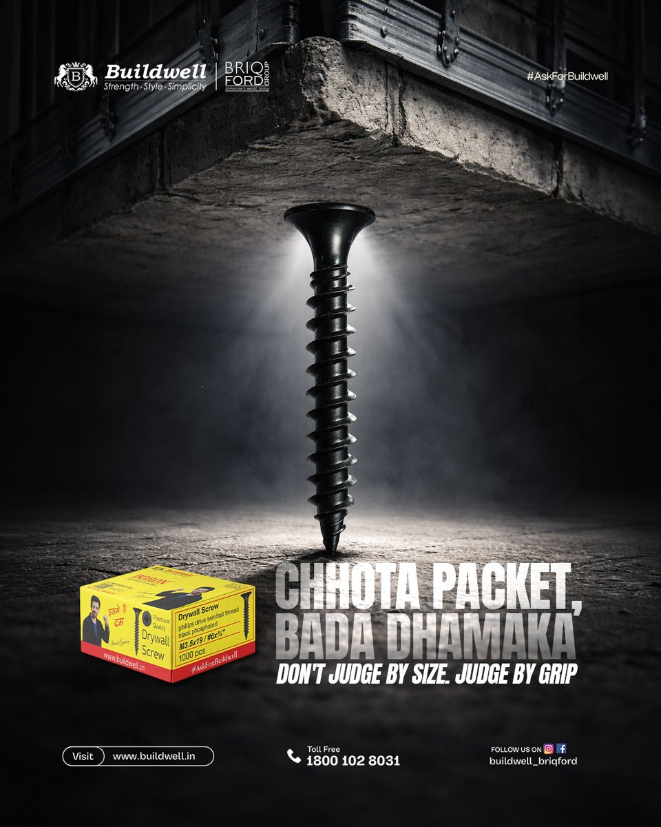 buildwell_india's tweet image. Chhota packet.
Par grip aisi ki structure hilne se pehle soch le.
Buildwell Drywall Screws – tight hold, clean finish, zero compromise.
Size nahi, strength count hoti hai. 💪

#Buildwell #DrywallScrew #CeilingStrength #SiteReady #AskForBuildwell