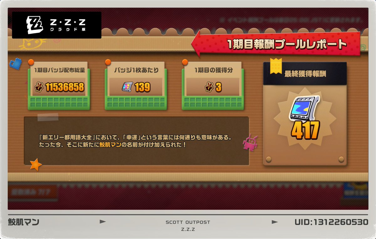 あーあ、皆がゼンゼロ辞めないせいで417しか貰えなかった。次こそは覚えてろよ