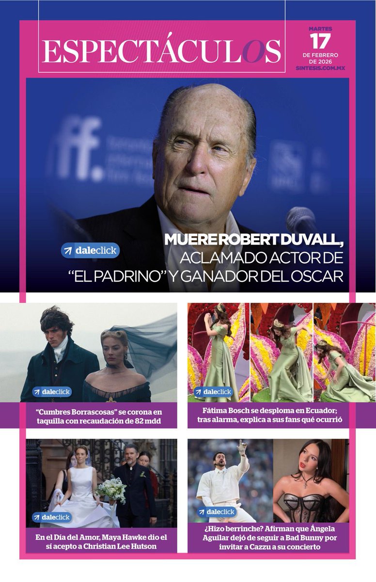 📰Hoy en las portadas:

🎼Semifinal de Talentos Tlaxcala 2026

📚Sheinbaum reafirma política educativa

🚨Tiroteo en Rhode Island deja 3 muertos

🎬Fallece Robert Duvall

🚴Isaac del Toro, líder

sintesisdigital.com.mx:8383/flipsint/17022…