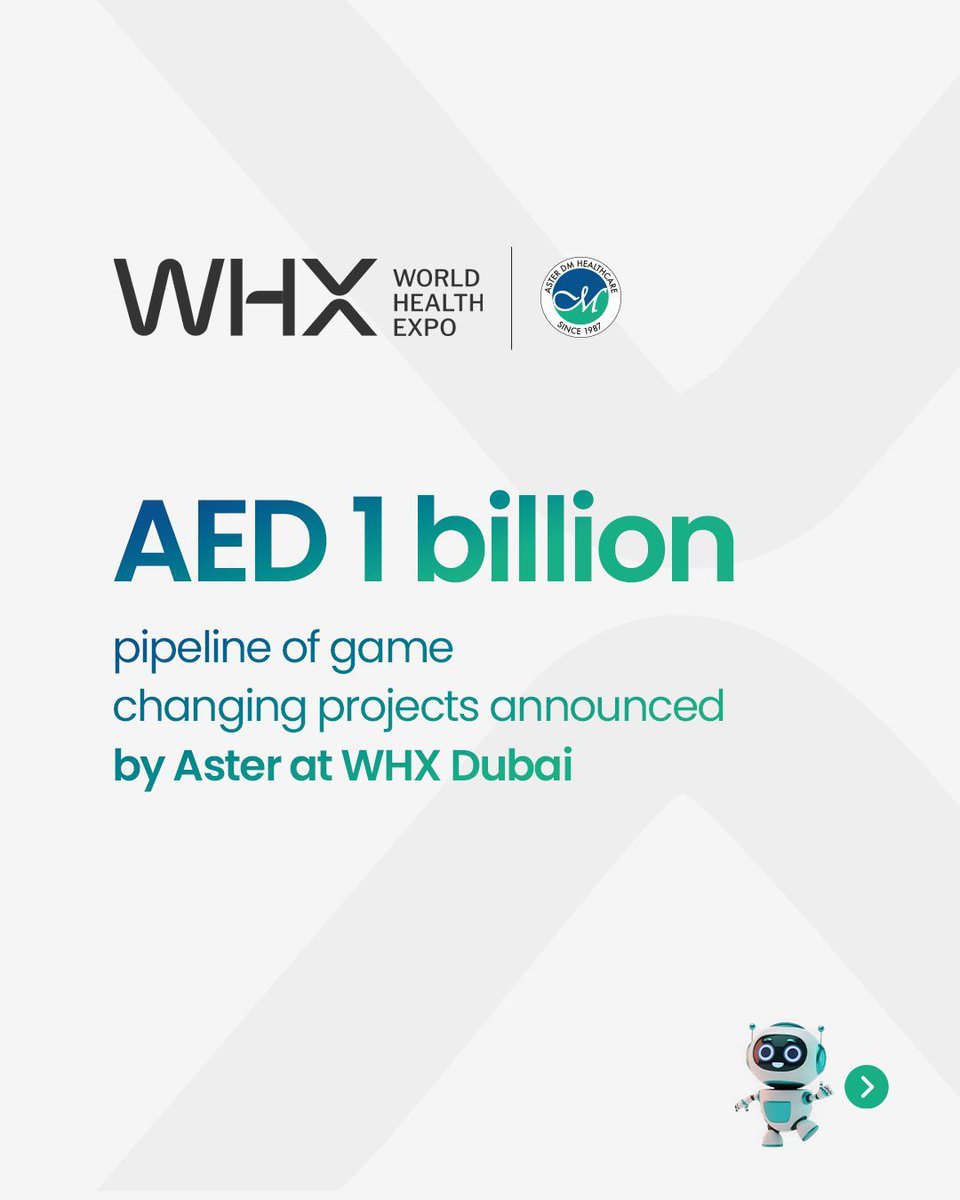 ASTERHealthcare's tweet photo. At WHX Dubai, Aster DM Healthcare unveiled an AED 1 billion pipeline of game changing projects set to redefine the future of healthcare for people of UAE.

Our AED 1 billion pipeline is not only about adding beds or infrastructure; it is about enabling world-class care pathways locally, supported by technology, specialized talent and a connected patient experience.

Some of these projects include:
• Two new multi-specialty hospitals in Dubai alongside a major expansion of Aster Hospital Al Qusais
• The first private multi-organ transplant centre in Sharjah & the Northern Emirates
• An Advanced Robotic Rehabilitation Centre in Dubai, bringing 18 super-specialised robotic systems, alongside an Advanced Paediatric Neurorehabilitation Centre
• Thrive by myAster — a 100-biomarker preventive health intelligence program
• Three new Da Vinci Robotic Surgery platform getting added to the network
• Continued investments in AI and advanced digital integration across our network
* Highlight of our participation this year is Aster Pharmacy’s introduction of 7 new brands, including NDL, a premium sports nutrition brand backed by Rafael Nadal, marking the brand’s first expansion from Spain into the UAE market.