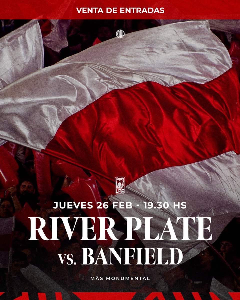 RiverPlate's tweet image. Venta de entradas | River Plate vs. Banfield en el Mâs Monumental.

📆 Jueves 19/2 desde las 10: cupo exclusivo para Socios.
📆 Jueves 19/2 desde las 17: cupo general para Somos River.
📆 Viernes 20/2 desde las 10: venta para no socios (en caso de haber remanente)

ℹ️ Toda la