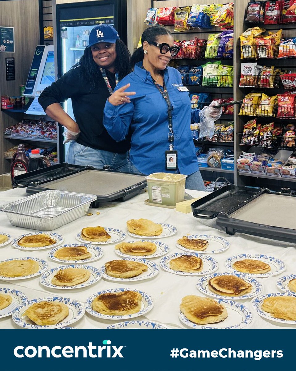 SERVING STACKS. 🥞✨ #Concentrix leaders are shown here cooking and serving up stacks of pancakes for their #GameChangers who show up every day, put in the work, and make things better for everyone around them....all united as “One Concentrix.” 💛👏