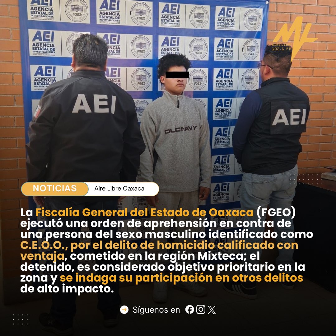 La <a href="/FISCALIA_GobOax/">Fiscalía General</a> ejecutó una orden de aprehensión en contra de C.E.O.O., por el delito de homicidio calificado con ventaja, cometido en la región Mixteca; se indaga su participación en otros delitos de alto impacto.

#AireLibreOaxaca #Noticias #Oaxaca