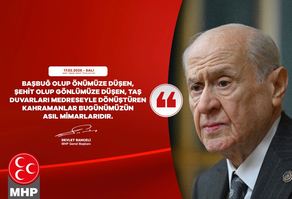 Başbuğ olup önümüze düşen, şehit olup gönlümüze düşen, taş duvarları medreseyle dönüştüren kahramanlar bugünümüzün asıl mimarlarıdır.

MHP Genel Başkanı
Devlet BAHÇELİ