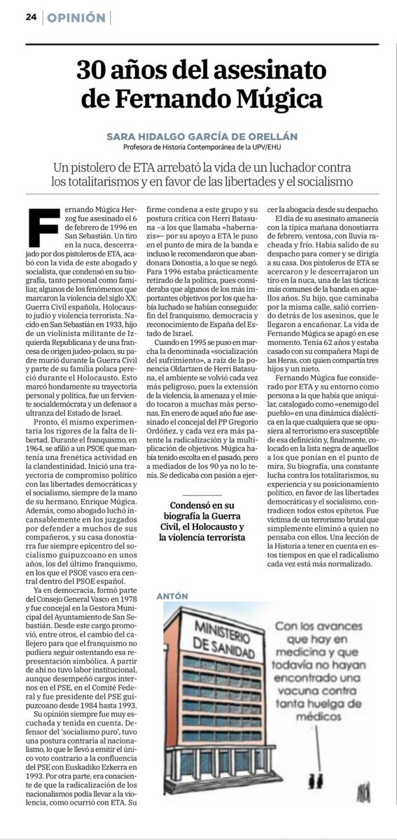 La familia de Fernando Múgica Herzog agradece esta columna de doña Sara Hidalgo. La memoria de las víctimas del terrorismo debe enseñar a los jóvenes que ETA fue basura totalitaria y racista