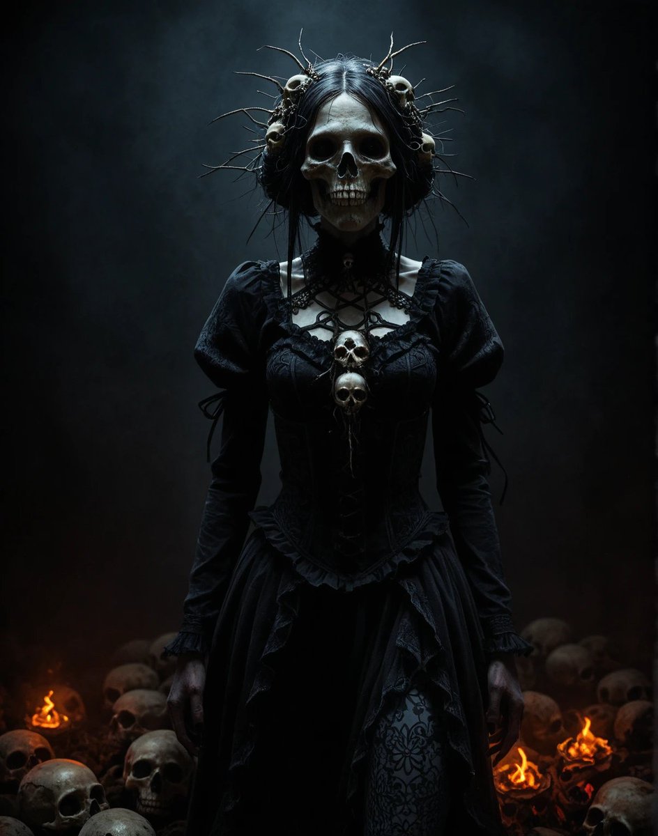 Angelus253's tweet photo. She is the widow of the grave, crowned in the bones of forgotten souls. Every skull at her feet once begged for mercy… now they light her path through the eternal night. Bow, or become decoration.
#gothic #goth #darkart #macabre #horrorart #darkfantasy #deathqueen #skullcrown #bones #grimreaper #victoriangoth #darkaesthetic #creepy #elegantdeath #necromancer #skullart #gothicbeauty #horror #undead #memento_mori #darkqueen #witchyvibes #gothicstyle #blackdress #spooky #fantasyart #evilqueen #corpsegoddess #haunted #occult #gothgirl #darkromance #abyss #eternaldarkness #skullthrone #morbid #goreart #shadowqueen