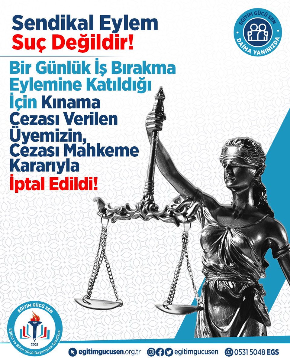 ⚖️ Kahramanmaraş 3. İdare Mahkemesi, Eğitim ve Bilim Gücü Dayanışma Sendikası’nın 11.12.2024 tarihli eylem kararı kapsamında, öğretmenlerin enflasyon ve geçim sıkıntısına dikkat çekmek amacıyla gerçekleştirdiği 1 günlük iş bırakma eylemine katılan üyemize verilen “Kınama”