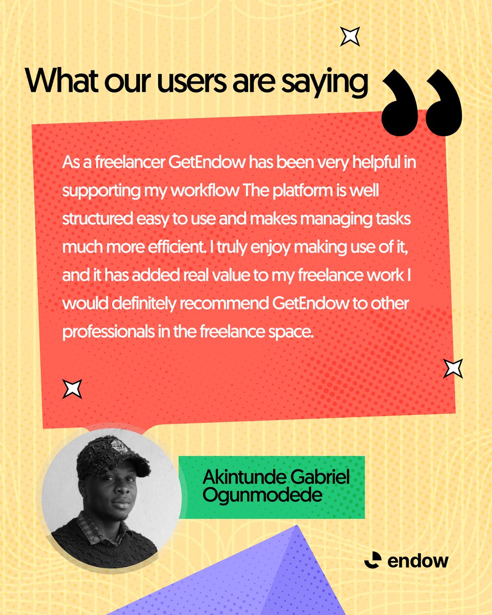 Tools should work for you, not against you.

As a freelancer, managing tasks, payment and workflows can be overwhelming but when users tell us Endow makes their work easier, structured and more efficient. That’s the real win.

Thank you Gabriel, for trusting us at Endow👌

#endow