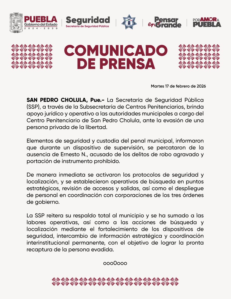 🚨 Fuga en el penal de San Pedro Cholula
La noche del lunes 16 de febrero se reportó la fuga de un interno del centro penitenciario de San Pedro Cholula.
Se trata de Ernesto Castellanos Bernal de 48 años, acusado de robo agravado y portación de instrumento prohibido.
Ya se activó
