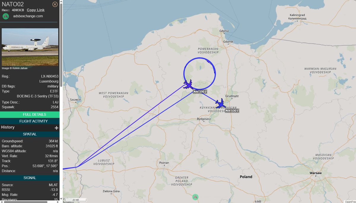 PolishMilRadar's tweet photo. 📅 17.02 🕘 14:07LT - ✈️ drugi AWACS melduje się w rejonie PL1 🇵🇱
W "Rejonie Wykonywania Misji AWACS PL1" operowanie rozpoczął ✈️ #NATO02 Boeing E-3A Sentry "LX-N90453" NATO Airborne Early Warning & Control Force, który również wystartował z Bazy Lotniczej Geilenkirchen #ETNG 🇩🇪. Utrzymuje on wysokość 29 000 stóp/8839 metrów. A ✈️ #NATO01 leci na południowy zachód.
🔗 Link do śledzenia w komentarzu ⬇️
#POLMILRADAR
