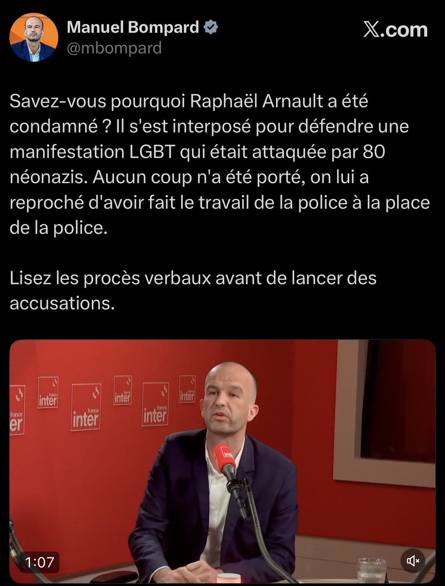 🚨Très grave mensonge de Manuel Bompard en direct sur France Inter au sujet de la condamnation du fondateur de la Jeune Garde : Raphaël Arnault. Il ne fait que reprendre les éléments de langage de Raphaël Arnault lors de son audition, alors que le juge a retenu le contraire et