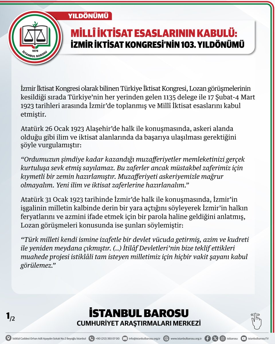 istbarosucumer's tweet photo. MİLLÎ İKTİSAT ESASLARININ KABULÜ: İZMİR İKTİSAT KONGRESİ’NİN 103. YILDÖNÜMÜ https://t.co/zEDdEv7J8p