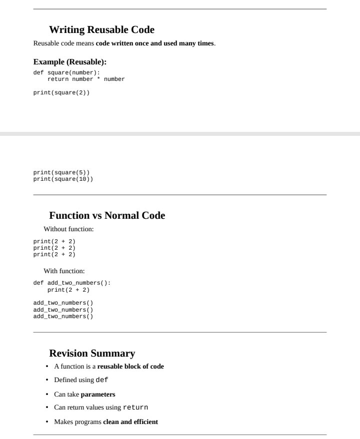 sangatechug's tweet photo. Day 7 – FUNCTIONS (Programming)
Functions are reusable blocks of code that perform specific tasks.
Today covered:
• What functions are
• Why we use them
• Writing functions with def
• Parameters &amp; return values
• Reusable code
• Revision exercises
#Python #ProgrammingBasics https://t.co/BkiaLrg8kW