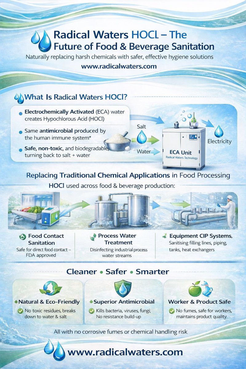 Harsh chemicals aren’t the future of food &amp; beverage sanitation.

Radical Waters’ ECA technology generates HOCl on site using water, salt, and electricity.

Cleaner. Safer. Smarter.

No toxic residues. No corrosive fumes. No chemical handling headaches.

#HOCl #ECA #FoodSafety